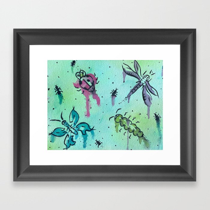 Hand Painted Watercolor Abstract Colorful Bugs Framed Art Print