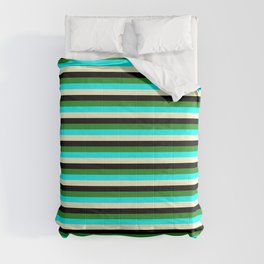 [ Thumbnail: Forest Green, Aqua, Light Yellow, and Black Colored Lined/Striped Pattern Comforter ]