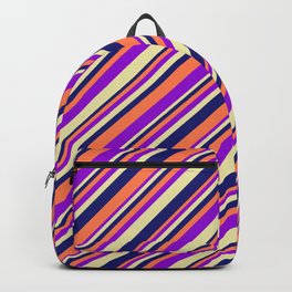[ Thumbnail: Coral, Dark Violet, Pale Goldenrod, and Midnight Blue Colored Lined/Striped Pattern Backpack ]