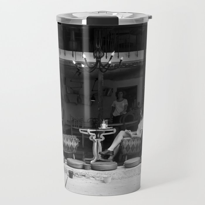 Morning coffee in a cafe - Black and white street photography Travel Mug