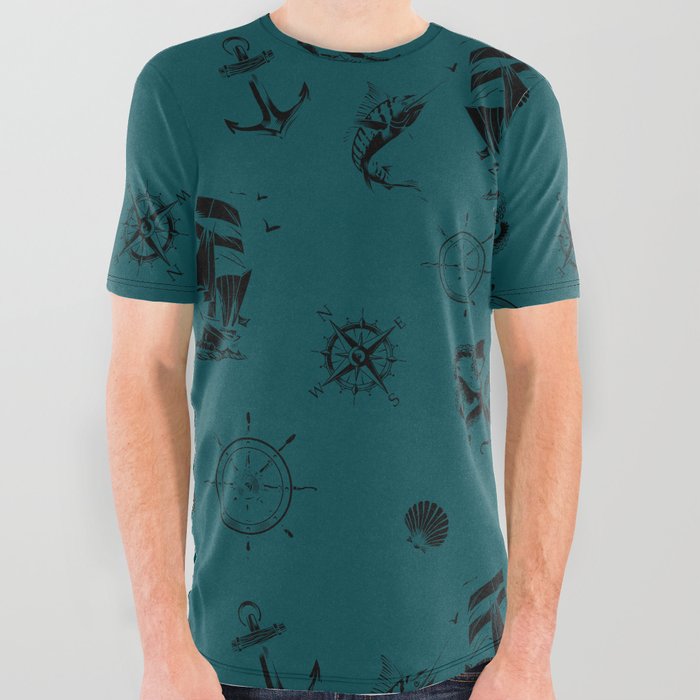 Teal Blue And Black Silhouettes Of Vintage Nautical Pattern All Over Graphic Tee