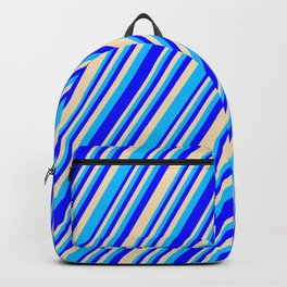[ Thumbnail: Blue, Tan, and Deep Sky Blue Colored Lined/Striped Pattern Backpack ]