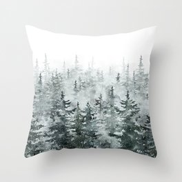 Foggy Pine tree Forest Winter Conifer Trees Art Print Mystery landscape Illustration Wood Snow Green Nature Painting Throw Pillow