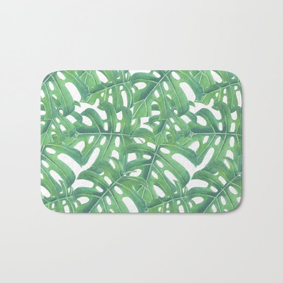 Green monstera tropical leaves pattern on white background Bath Mat