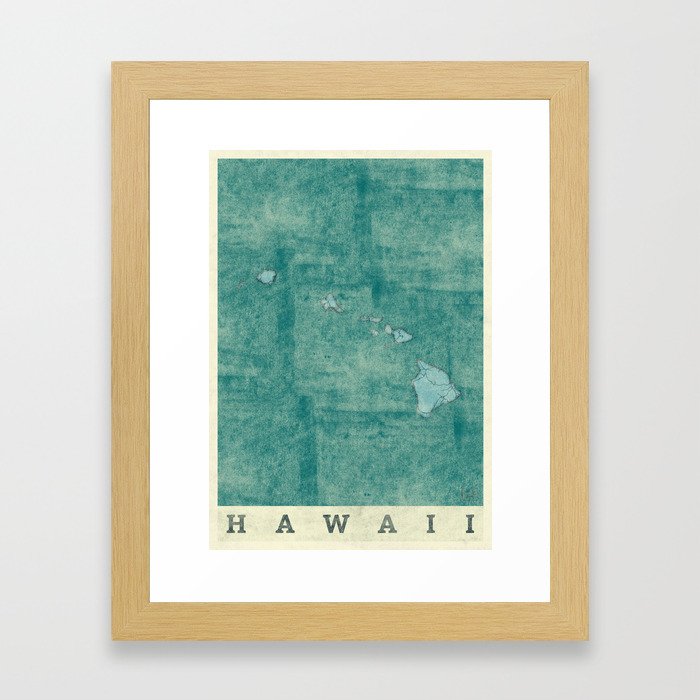 Hawaii State Map Blue Vintage Framed Art Print