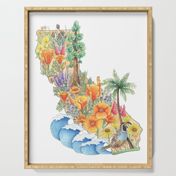 California - Floral Watercolor - State of California - West Coast Art - California Poppies - Ocean Serving Tray