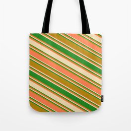 [ Thumbnail: Coral, Tan, Forest Green, and Dark Goldenrod Colored Stripes/Lines Pattern Tote Bag ]