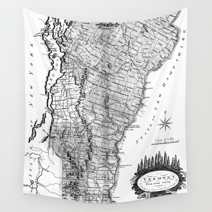Vintage Map of Vermont (1814) BW Wall Tapestry