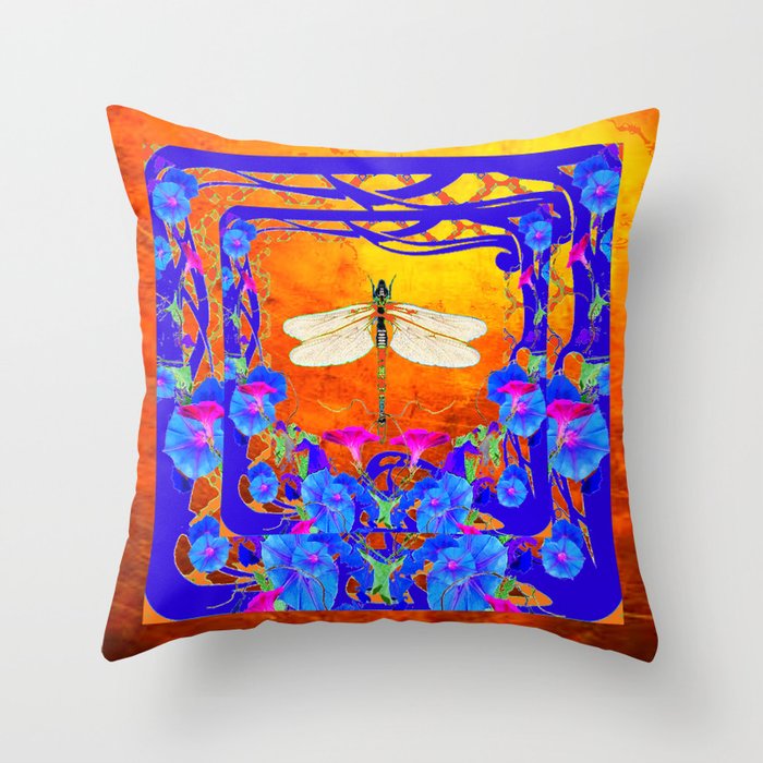 Blue Morning glories Dragonfly Golden Surreal Art Throw Pillow