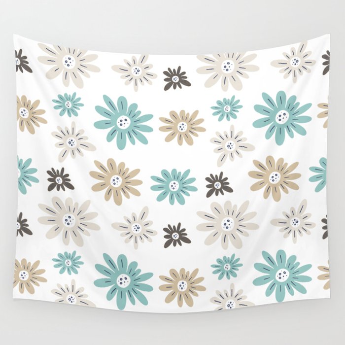 Aquaverde Floral Pattern Brown Soft Blue Green on White Wall Tapestry