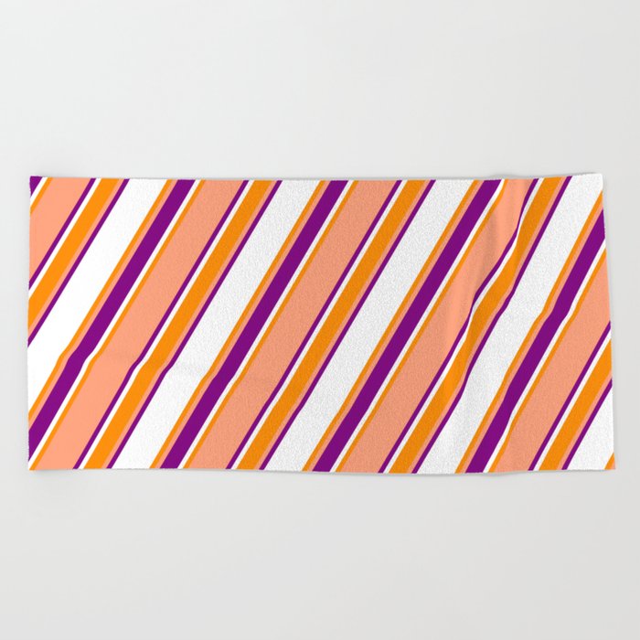 Light Salmon, Purple, White, and Dark Orange Colored Stripes Pattern Beach Towel