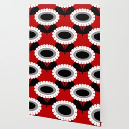 Mid Century Modern Scandinavian Flowers // MCM Floral // Red, Gray, Black and White Wallpaper