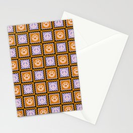 Funky Checkered Smileys and Peace Symbol Pattern (Dark Brown, Ginger Brown, Lilac, Muted Pink) Stationery Card