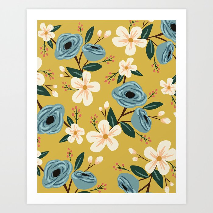Mustard And Blue Floral Art Print By Theophelia Society6