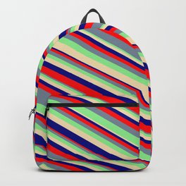 [ Thumbnail: Tan, Blue, Red, Light Slate Gray, and Light Green Colored Stripes/Lines Pattern Backpack ]