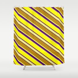 [ Thumbnail: Yellow, Indigo, Dark Goldenrod, and Pale Goldenrod Colored Stripes/Lines Pattern Shower Curtain ]