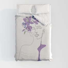 Lilac Bloom Girl / Face drawing with  purple, blue and green flowers / Explicit Design Duvet Cover