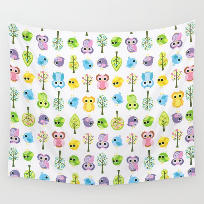 Cute funny pink yellow blue purple floral owl birds Wall Tapestry