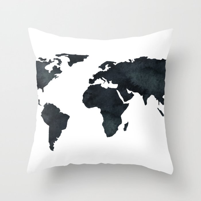 World Map Black Watercolor Ink Throw Pillow