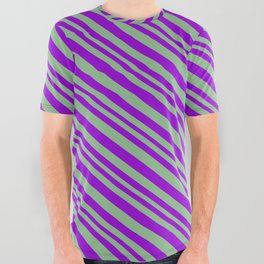 [ Thumbnail: Dark Violet & Dark Sea Green Colored Pattern of Stripes All Over Graphic Tee ]