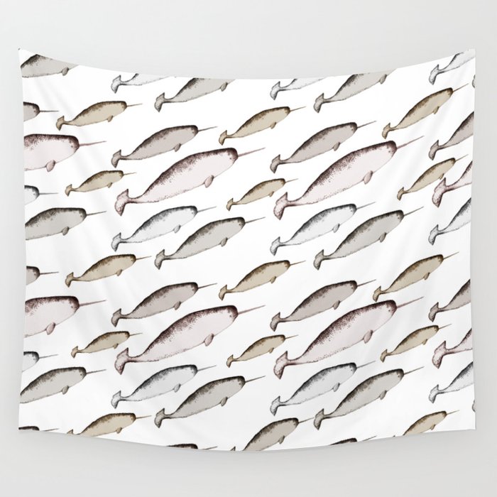 Narwhal Whales - Narwhal Whale Pattern Watercolor Illustration White Wall Tapestry
