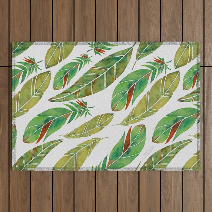 Watercolor Feathers - Green Parrot Pattern Outdoor Rug