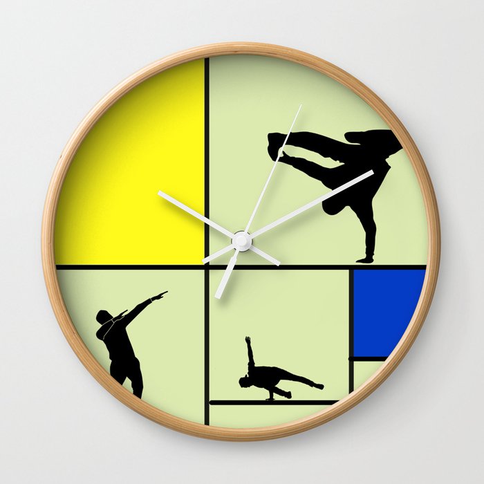 Street dancing like Piet Mondrian - Yellow, and Blue on the light green background Wall Clock