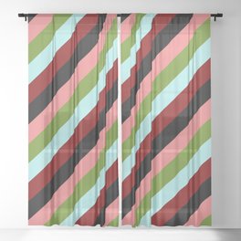 [ Thumbnail: Eyecatching Light Coral, Green, Turquoise, Maroon & Black Colored Striped/Lined Pattern Sheer Curtain ]