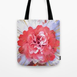 Coral Dahlia with golden arrows on cloudy sky Tote Bag