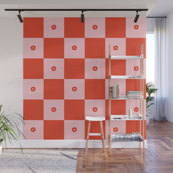 Pink + Red Checker with Flowers Wall Mural