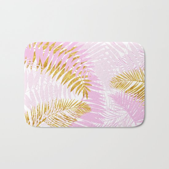Aloha- Pink Tropical Palm Leaves and Gold Metal Foil Leaf Garden Bath Mat