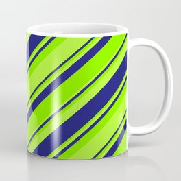 [ Thumbnail: Green, Light Green & Midnight Blue Colored Striped/Lined Pattern Coffee Mug ]