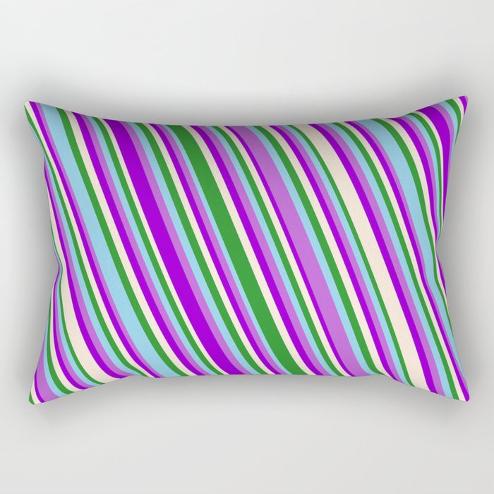 Eye-catching Forest Green, Sky Blue, Orchid, Dark Violet, and Beige Colored Striped/Lined Pattern Rectangular Pillow