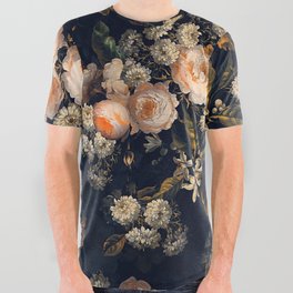 Antique Botanical Peach Roses And Chamomile Midnight Garden All Over Graphic Tee