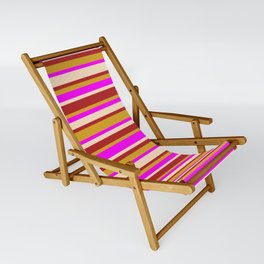 [ Thumbnail: Fuchsia, Bisque, Red, and Goldenrod Colored Lined Pattern Sling Chair ]
