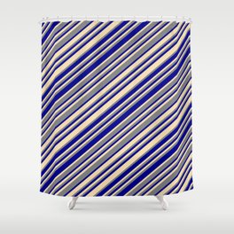 [ Thumbnail: Dark Blue, Tan, and Grey Colored Striped Pattern Shower Curtain ]