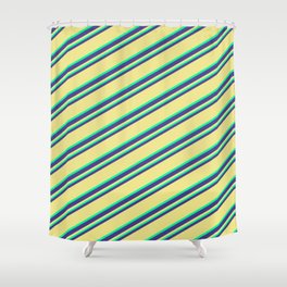[ Thumbnail: Dark Slate Blue, Tan, and Green Colored Striped Pattern Shower Curtain ]