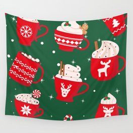 Seamless Pattern. Red Cup with a Hot Drink. Christmas Cute Card 01 Wall Tapestry