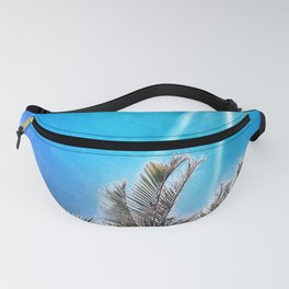 Tropical Palm Fronds on Coastal Grunge Style Blue Background by Beach House Décor Fanny Pack | Grungestyle, Palmleaves, Grungy, Tropicalstyle, Tropical, Grunge, Coastalblue, Photo, Beachy, Tropicalleaves 