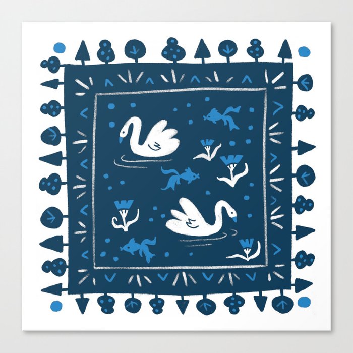 Blue Garden Swans Canvas Print