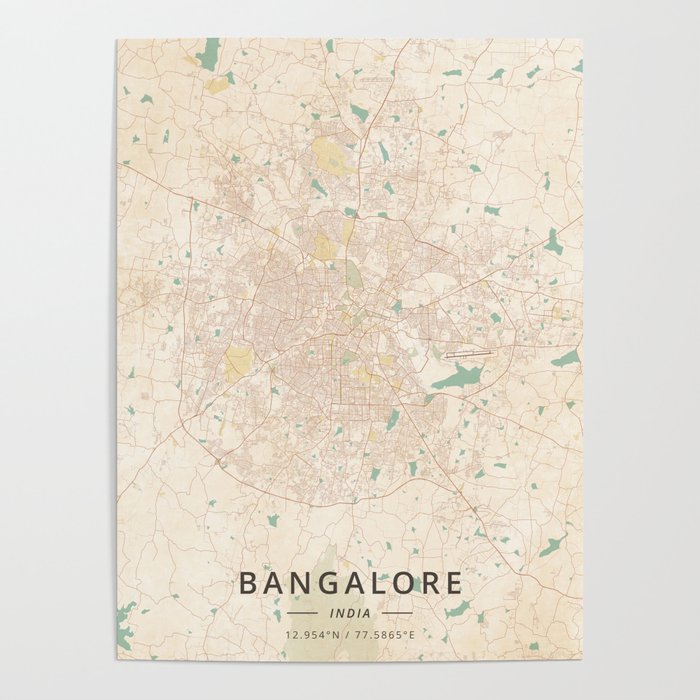 Bangalore India Vintage Map Poster By Designer Art Society6 - Vintage Home Decor Bangalore