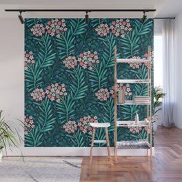Charming pink flowers and green leaves illustration Wall Mural