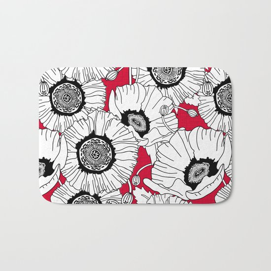 Black and White Poppies in a Red Vase Bath Mat