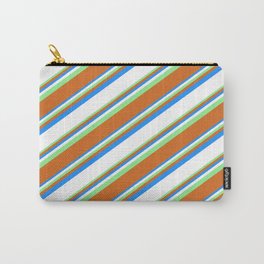 [ Thumbnail: Blue, White, Light Green, and Chocolate Colored Lined Pattern Carry-All Pouch ]