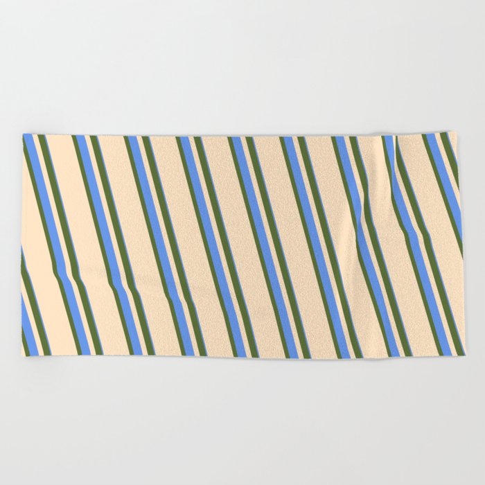 Dark Olive Green, Bisque, and Cornflower Blue Colored Stripes Pattern Beach Towel