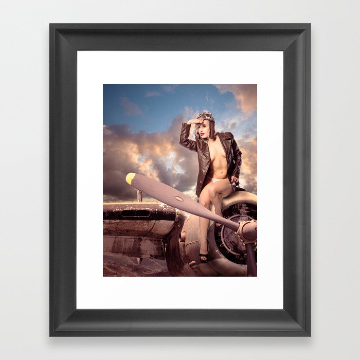 "Captain Felix" - The Playful Pinup - Bomber Jacket Pin-up Girl by Maxwell H. Johnson Framed Art Print