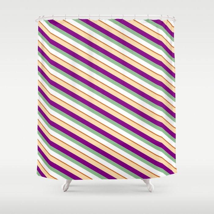 Colorful Tan, Purple, Dark Sea Green, White, and Chocolate Colored Lines/Stripes Pattern Shower Curtain