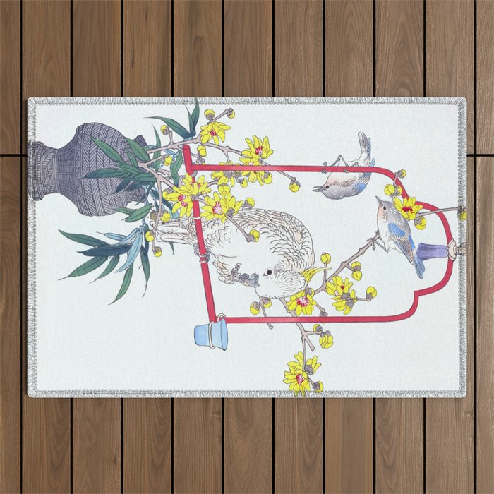 Kono Bairei - Cockatoo And Bouquet Of Flowers Antique Japanese Woodblock Print Art Outdoor Rug