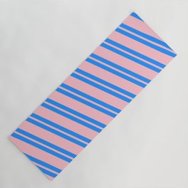 [ Thumbnail: Blue and Pink Colored Striped Pattern Yoga Mat ]