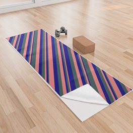 [ Thumbnail: Light Coral, Dark Slate Gray & Blue Colored Striped/Lined Pattern Yoga Towel ]